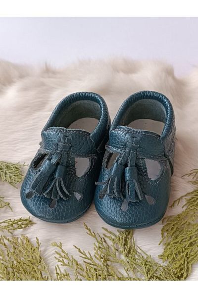 Hodore Wizy Tasseled Petrol Blue Genuine Leather Baby Booties Moccasins