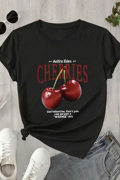 COOL TARZ Tricou negru cu imprimeu de cireșe pentru femei