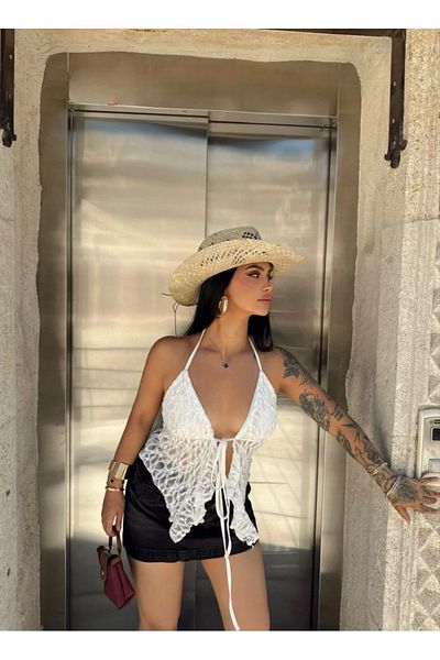Mels Lace Neck Tie Full Body Crop