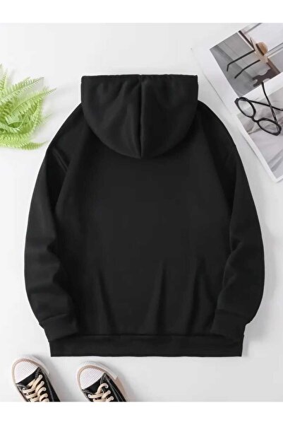 caddekombin Hanorac negru cu glugă cu imprimeu Slay All Day, cu buzunar și interior din lână