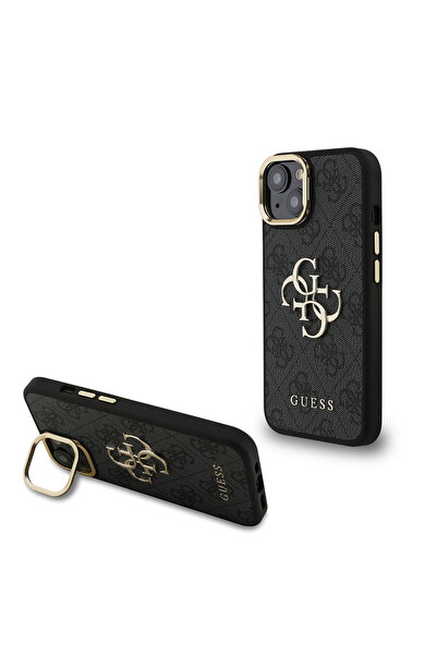 Guess iPhone 15 Uyumlu Kılıf Lisanslı Metal 4G ve Yazı Logolu Kamera Standlı ...
