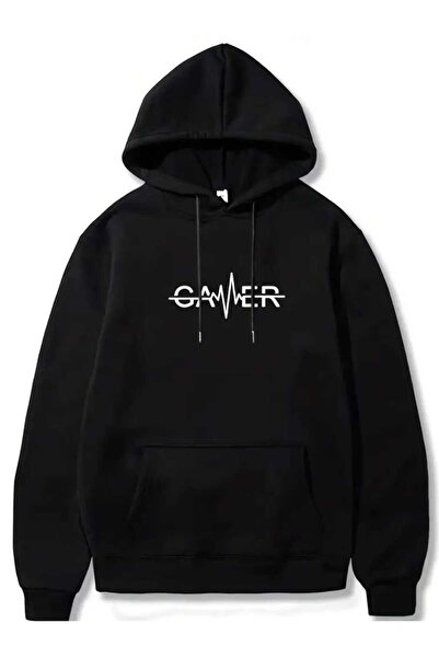 caddekombin Gamer Baskılı Kapüşonlu Cepli Pamuklu Siyah Sweashirt