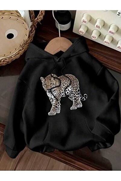 caddekombin Μαύρο φούτερ με κουκούλα με στάμπα λεοπάρ και τσέπες από βαμβάκι