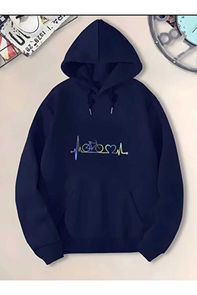 caddekombin Φούτερ με κουκούλα με στάμπα Heartbeat Cycling, βαμβακερό μπλε ναυτικό με τσέπες