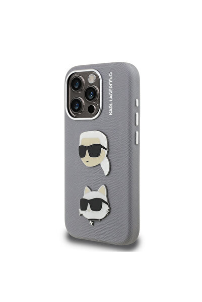 Karl Lagerfeld iPhone 15 Pro Max Compatible Case Karl Lagerfeld Licensed K&C Heads Pin Cover Gray