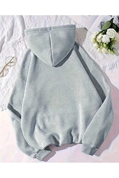 caddekombin Star Denim Hoodie Printed Hooded Pocket Gray Sweatshirt with Wool Inside