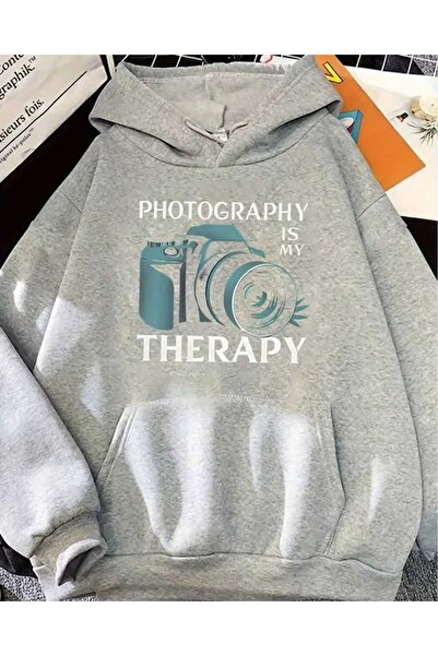 caddekombin Φούτερ με κουκούλα με στάμπα φωτογραφίας, βαμβακερό γκρι φούτερ με τσέπη