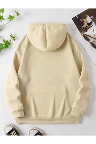 Elvino Hanorac bej din bumbac cu glugă și buzunar, cu imprimeu cu șapte panglici