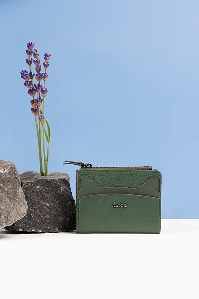 Grande 2828 Genuine Leather Cat Design Minimal Wallet Crocodile Green