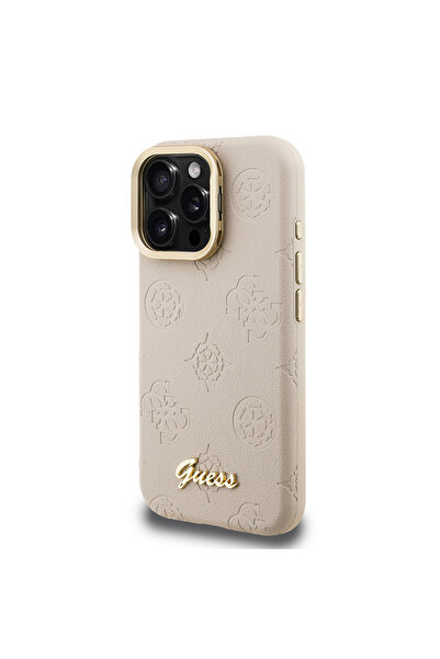 Guess iPhone 16 Pro Max Uyumlu Kılıf Lisanslı M-safe Şarj Özellikli Kamera Standlı Peony Kapak Bej