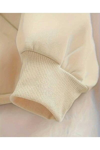 caddekombin Φούτερ για κορίτσια με στάμπα με κουκούλα και τσέπη από βαμβακερό μπεζ