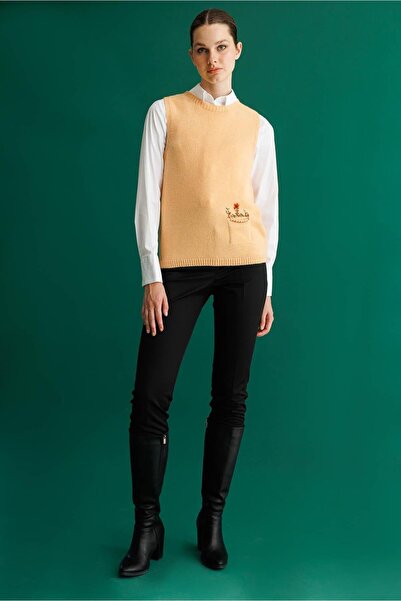 Desen Triko Women's Crew Neck Pocket Top Embroidered Sweater Salmon