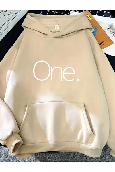 caddekombin Hanorac cu glugă imprimat, cu buzunar, cu interior din lână, bej