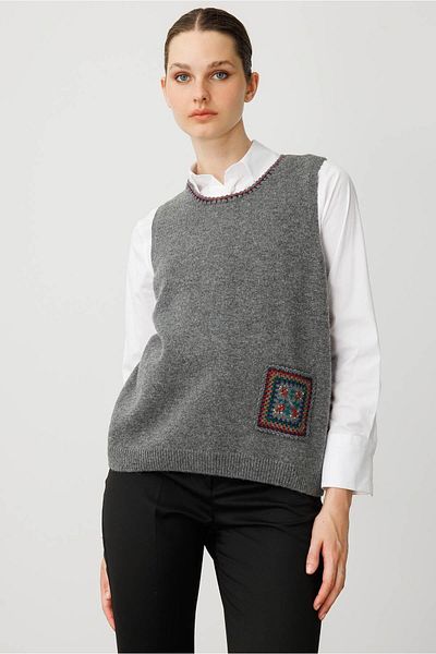 Desen Triko Women's Crew Neck Pocket and Collar Color Crocheted Wool Sweater Smoked