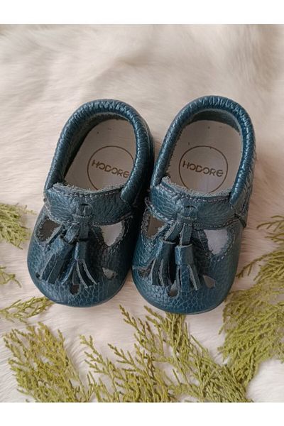 Hodore Wizy Tasseled Petrol Blue Genuine Leather Baby Booties Moccasins
