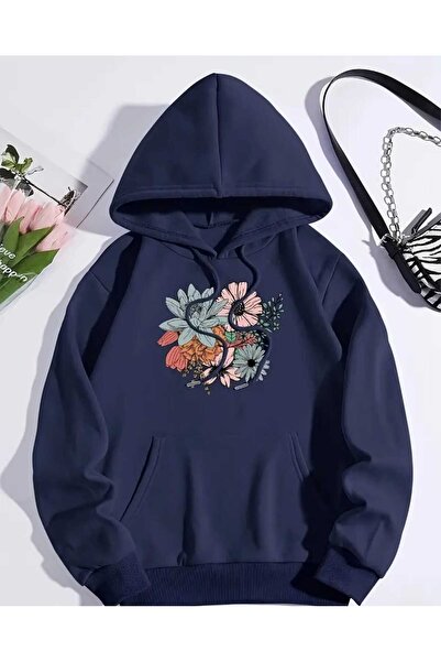 caddekombin Φούτερ με κουκούλα με στάμπα με πολύχρωμα λουλούδια, βαμβακερό μπλε ναυτικό με τσέπες