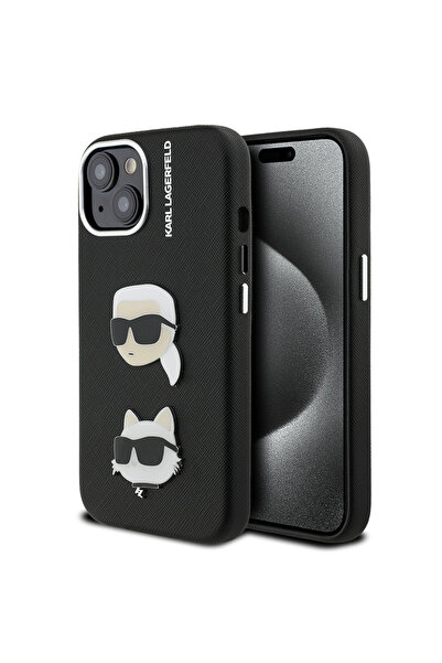 Karl Lagerfeld Apple iPhone 15 Kılıf Orjinal Lisanslı K&C Heads Pin Kapak Siyah