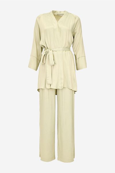 birizmoda Women's Satin Fabric Belted Kimono Set-Yellow