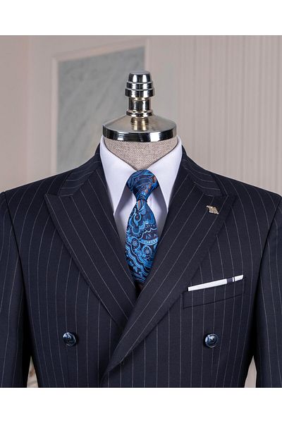 TerziAdemAltun Italian Style Double-Breasted Jacket Pants Suit 44% Wool Navy Blue T14322
