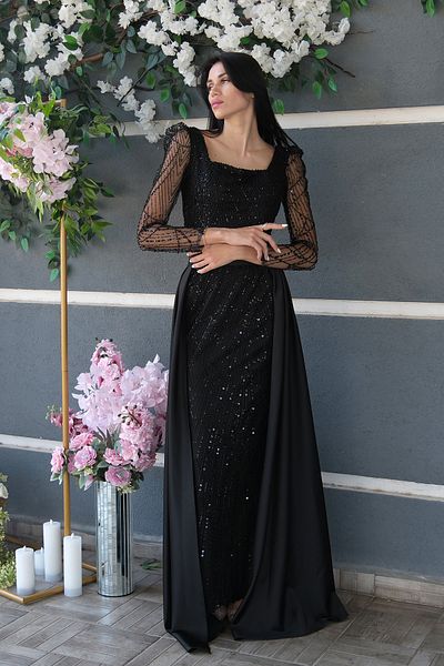 Feminist Beaded Tulle Sleeve Detailed Long Evening Dress Black 9705463