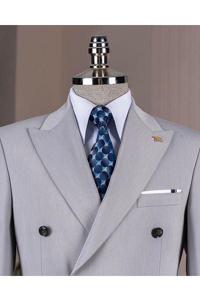 TerziAdemAltun Italian Style Double-Breasted Jacket Pants Suit Gray T14193