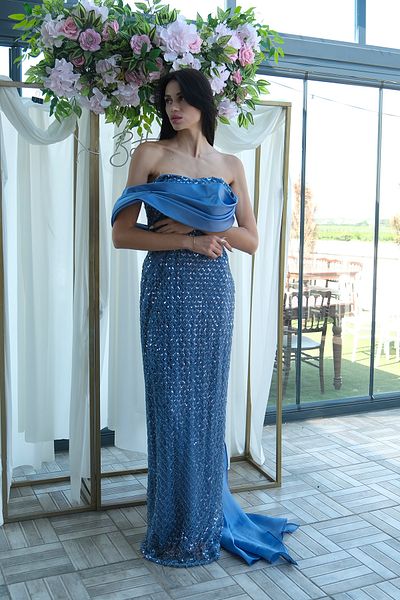 Feminist Drape Neckline Detail Sequin Embroidered Long Belted Evening Dress Indigo 9705470