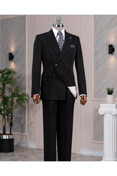 TerziAdemAltun Italian Style Double-Breasted Jacket Pants Suit Black T14188