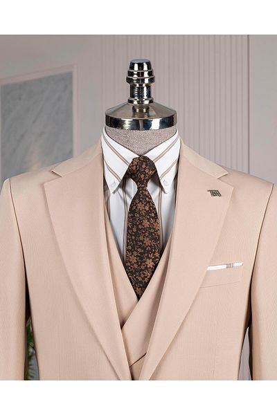 TerziAdemAltun Italian Style Slim Fit Jacket Vest Pants Suit Beige T14184