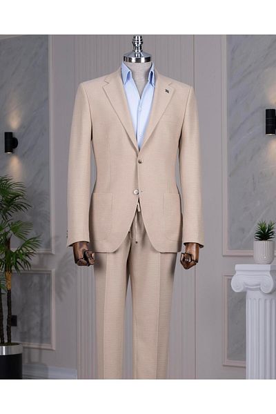 TerziAdemAltun Italian Style Slim Fit Mono Lapel Jacket Pants Suit Beige T14471