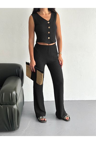Gugus Women's Seersucker Vest Bottom/Upper Set Wide Leg High Waist Wide Leg Model