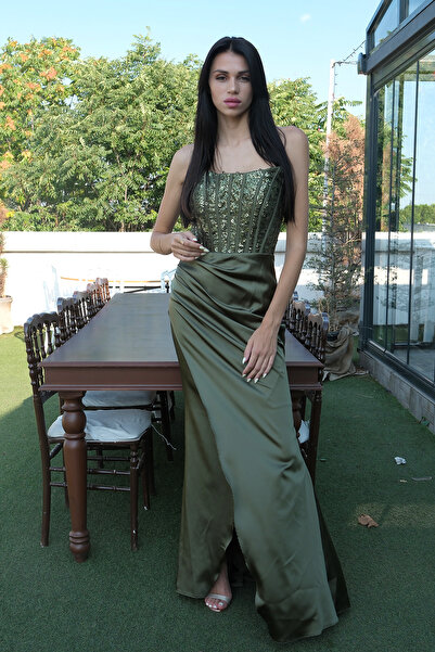 Feminist Göğüs Pul ve Taşlı Saten Abiye Haki 9705294