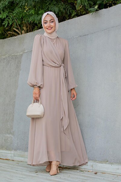 Tesettür Çarşım Narin Mat Şifon Tesettür Abiye-Bej