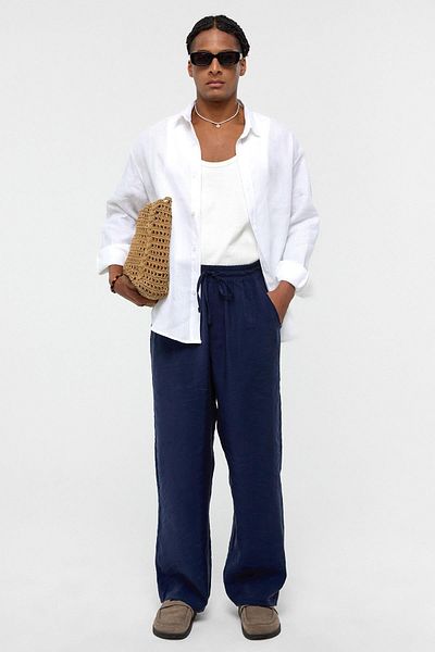 VAMOSCLO Baggy Fit Modal Fabric Trousers Navy Blue