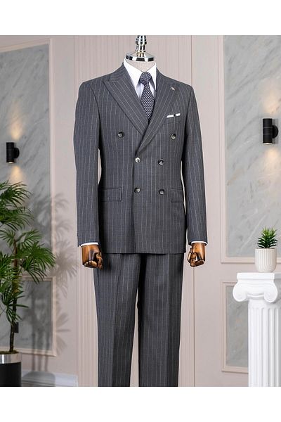 TerziAdemAltun Italian Style Double Breasted Jacket Pants Suit 44% Wool Grey T14324
