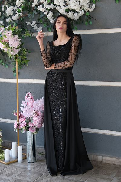 Feminist Beaded Tulle Sleeve Detailed Long Evening Dress Black 9705463