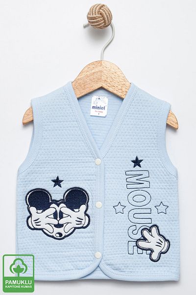 Miniel Baby Boy Mouse Embroidered Organic Cotton 6-18 Months Quilted Baby Vest