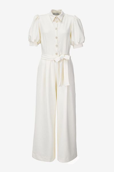 birizmoda Women's Balloon Sleeve Button Detailed Belted Jumpsuit - Cream