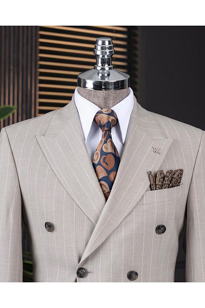 TerziAdemAltun Italian Style Double-Breasted Jacket Pants Suit Beige T14133