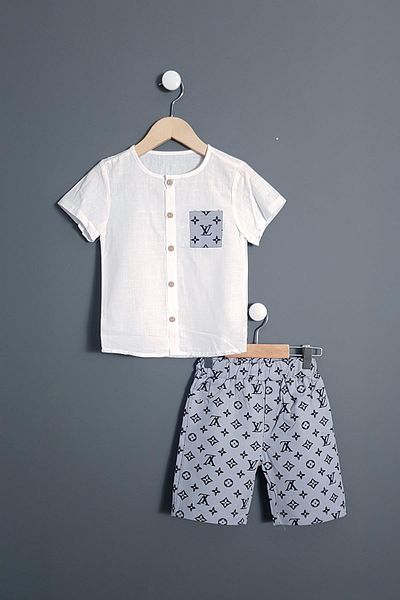Trend Baby Kids Boy's Muslin Shirt Shorts 2-Piece Set Lv Design Gray 2-3-4-5 Years Old Options