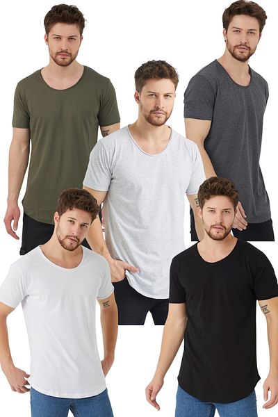 Tarz Cool Λευκό-Μαύρο-Καπνιστό-Χακί-Γκρι 5 Pack Κανονικό/κανονικό κοντομάνικο μπλουζάκι με γιακά