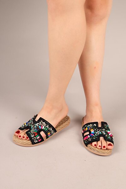 Birikon Isabella Beaded and Stone Accessory Slippers Black