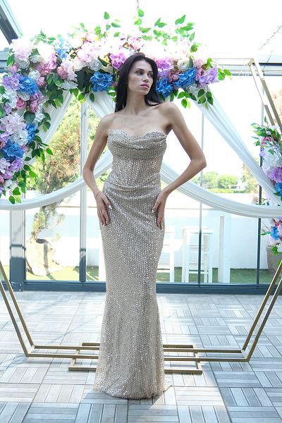 Feminist Sequined Stone Embroidered Strapless Fish Evening Dress Beige 9705304