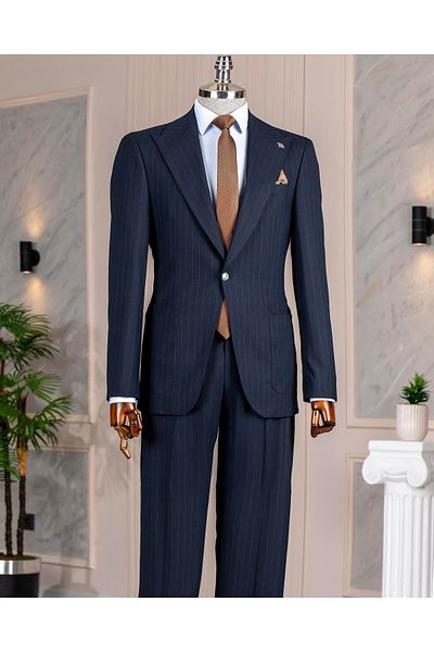 TerziAdemAltun Italian Style Slim Fit Bag Pocket Jacket Pants Suit Navy Blue T14299
