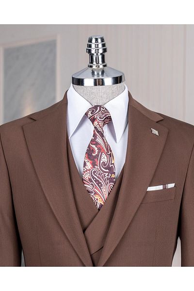 TerziAdemAltun Italian Style Slim Fit Jacket Vest Pants Suit Brown T14386