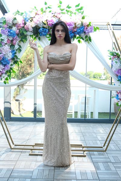 Feminist Sequined Stone Embroidered Strapless Fish Evening Dress Beige 9705304