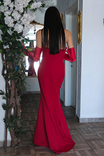 Feminist Göğüs Taş İşleme Detaylı Drapeli Abiye Kırmızı 9705446