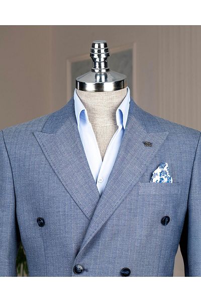 TerziAdemAltun Italian Style Slim Fit Double Breasted Jacket Pants Suit Blue T14467