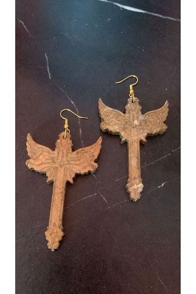 MISS GOLDEN Brown Gold Colored Cross and Sword Shape Gold Accessory Earrings Handmade Epoxy Gift Mdl11
