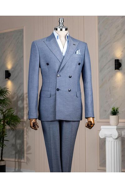 TerziAdemAltun Italian Style Slim Fit Double Breasted Jacket Pants Suit Blue T14467