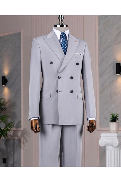 TerziAdemAltun Italian Style Double-Breasted Jacket Pants Suit Gray T14193